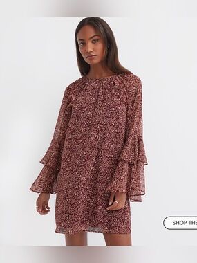 LOFT Burgundy Floral Bell-Sleeve Shift Dress